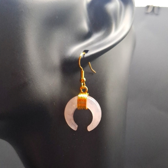 Rose Quartz Crystal Crescent Moon Earrings | Half Moon Jewelry - Picture 1 of 3